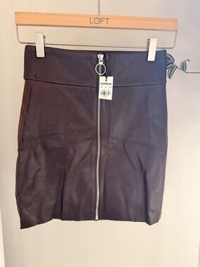 Express Chocolate Brown Faux-Leather Front-Zip Mini Skirt